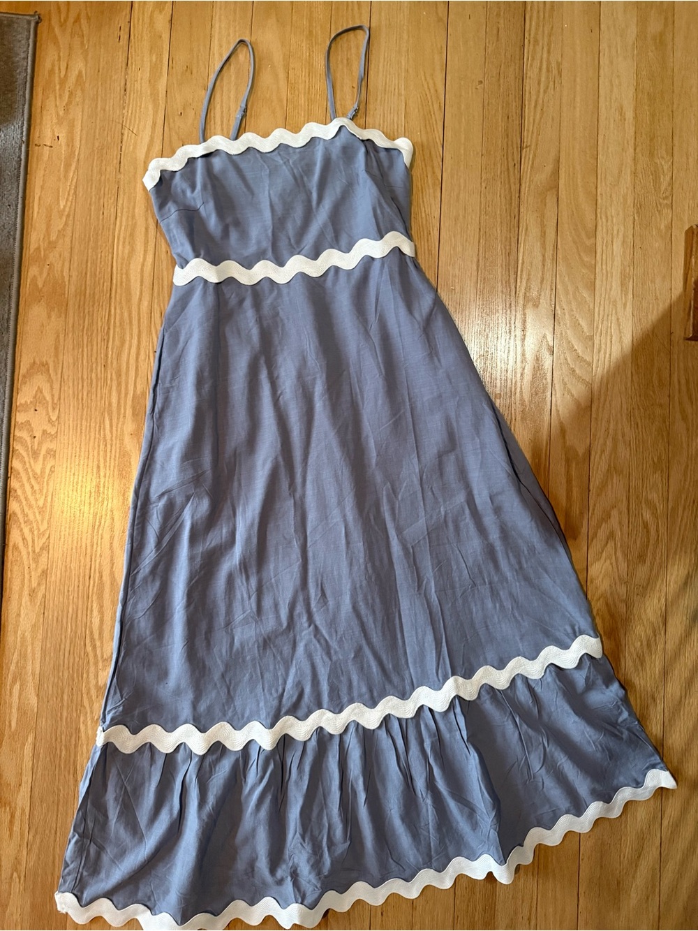 Zesica Blue/periwinkle Midi Sundress with White Ric Rac Trim